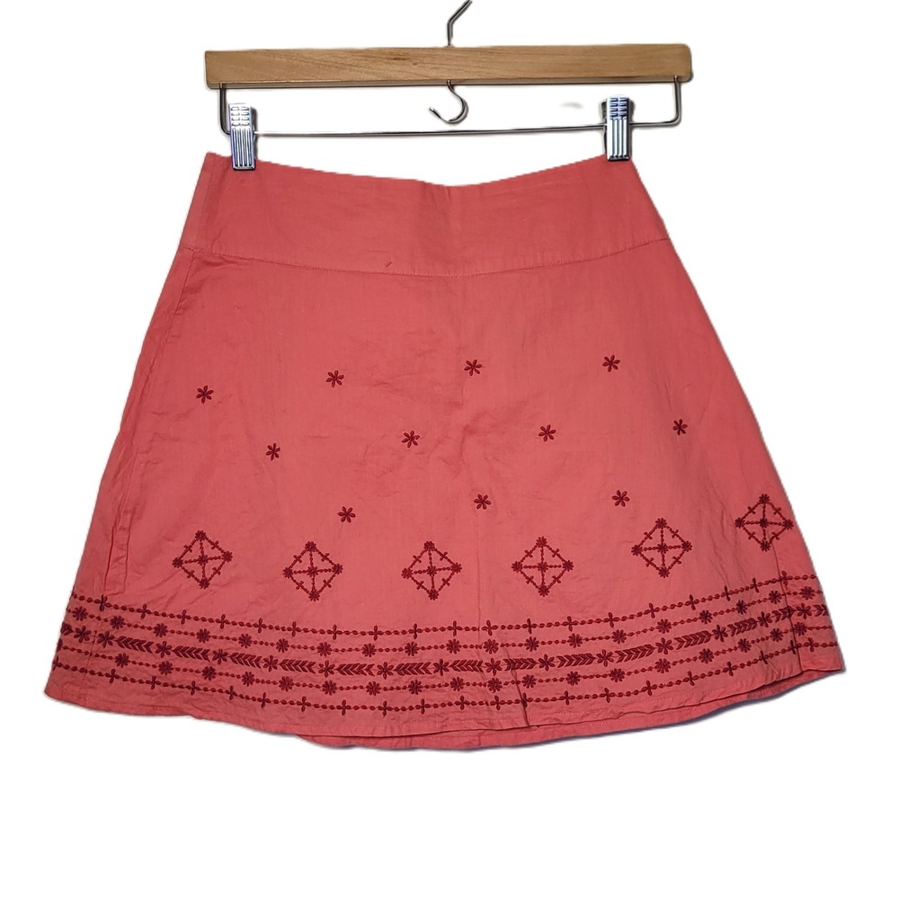 Prana Coral Orange Embroidered A-Line Skirt Women's‎ Size 2 Casual Boho Festival